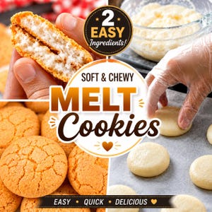 Può includere: Immagine di "Melt Cookies" con testo che indica che sono morbidi, gommosi e facili da preparare con soli due ingredienti. L'immagine mostra un primo piano di un biscotto, una ciotola di ingredienti e biscotti che vengono messi su una teglia. I biscotti sono dorati.