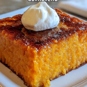 Puede incluir: Una porción cuadrada de pan de maíz de batata con miel y mantequilla, cubierta con una cucharada de crema blanca. El pan de maíz tiene una parte superior dorada y caramelizada y un interior naranja brillante. El texto en la parte superior dice "HONEY BUTTER SWEET POTATO CORNBREAD".