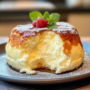 May include: A light, golden-brown soufflé dessert with a portion missing, showing a soft, creamy inside. It's decorated with fresh raspberries, mint leaves, and icing sugar, and sits on a dark plate with a syrup drizzle.