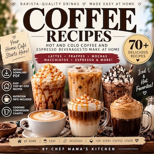 Puede incluir: Una portada de libro de recetas digital titulada COFFEE RECIPES con texto sobre bebidas de espresso frías y calientes. La imagen muestra varias bebidas de café, incluyendo lattes, frappés y mochas en vasos y tazas, rodeadas de granos de café.
