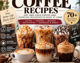 Recetas de café en PDF | Más de 70 recetas de café caliente y frío | Libro de recetas de bebidas de espresso | Libro de cocina de café para baristas | Descarga digital