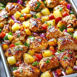 May include: A sheet pan filled with glazed chicken pieces, pineapple chunks, red onion, and red bell pepper. The chicken is sprinkled with sesame seeds and fresh cilantro. A lime wedge is visible in the background.