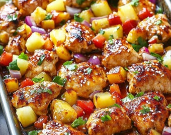 May include: A sheet pan filled with glazed chicken pieces, pineapple chunks, red onion, and red bell pepper. The chicken is sprinkled with sesame seeds and fresh cilantro. A lime wedge is visible in the background.