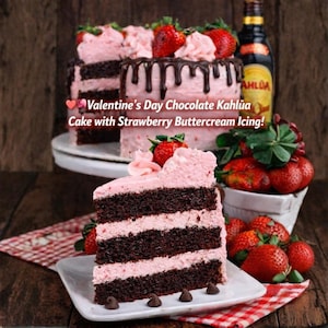 May include: A slice of chocolate cake with pink strawberry buttercream icing, topped with a fresh strawberry, on a white plate. The cake has pink frosting between the chocolate layers. The image also shows a whole cake and fresh strawberries.