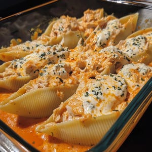 Peut inclure: Un plat de cuisson en verre rempli de grosses coquilles de pâtes farcies d'une garniture crémeuse de couleur orange. Les coquilles sont garnies d'une sauce crémeuse blanche et parsemées d'herbes vertes. Le plat repose dans une sauce orange.