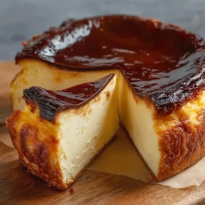 May include: A whole Basque burnt cheesecake with a slice cut out, showcasing a creamy interior and a caramelized, dark brown exterior. The cake sits on a wooden surface, with a parchment paper underneath.
