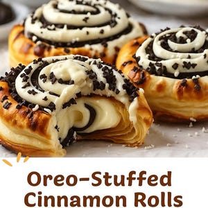 Peut inclure: Gros plan sur des roulés à la cannelle farcis aux Oreo. Les roulés ont une base de pâte feuilletée dorée, remplie d'une garniture blanche crémeuse et d'un centre au chocolat noir. Ils sont recouverts de glaçage blanc et de copeaux de chocolat.