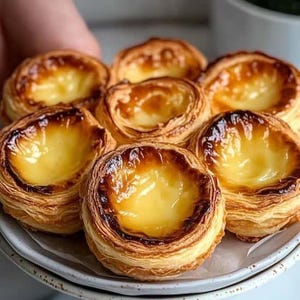 Peut inclure: Une assiette de tartes aux œufs fraîchement cuites. Les tartes ont une croûte dorée et feuilletée et une garniture crémeuse et jaune. Le dessus des tartes est légèrement caramélisé. L'assiette est blanche et l'arrière-plan est flou.