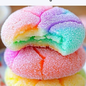 Könnte beinhalten: Nahaufnahme eines Stapels von Regenbogen-Zuckerplätzchen. Die Kekse sind vertikal gestapelt, mit einem Biss aus dem obersten Keks. Die Kekse sind mit Zuckerkristallen bedeckt und haben Regenbogenfarben. Der Text oben lautet "Rainbow Jello Sugar Cookies."