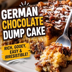 Peut inclure: Une part de gâteau allemand au chocolat sur une assiette blanche. Le gâteau a une base jaune, une couche de chocolat et une garniture de flocons de noix de coco et de noix. Le texte sur l'image indique "GERMAN CHOCOLATE DUMP CAKE" et "RICH, GOOEY, EASY & IRRESISTIBLE!"