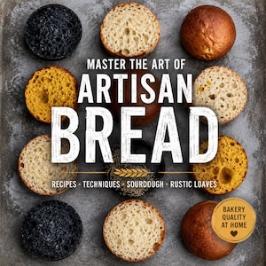 Peut inclure: Une couverture de livre intitulée Master the Art of Artisan Bread, présentant une grille de divers petits pains et tranches dans des tons noir, jaune et brun. Le texte inclut Recipes, Techniques, Sourdough, Rustic Loaves et Bakery Quality at Home.