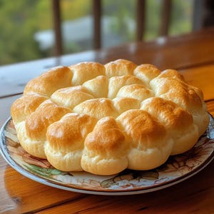 Puede incluir: Un pan dorado y recién horneado, compuesto por bollos individuales dispuestos en forma circular, se presenta en un plato decorativo. El pan tiene una textura suave y esponjosa con una superficie ligeramente crujiente y dorada. El plato presenta un diseño floral.