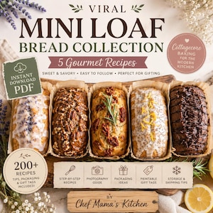 May include: A digital PDF collection titled Viral Mini Loaf Bread Collection featuring 5 gourmet recipes. The image displays five distinct mini loaves in paper liners, including lavender-glazed, nut-topped, herb-topped, lemon-poppy, and chocolate loaves.