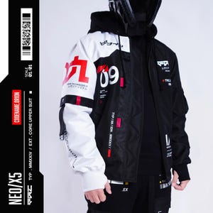 Chaqueta Techwear blanca: Chaqueta universitaria estilo cyberpunk para cosplay