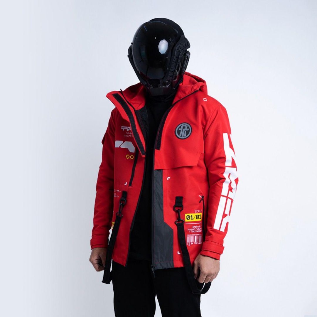 G tech drawstring jacket　the red thread Techwear Jacket, Cybernetic Series Jacket - Cyberpunk Jacket