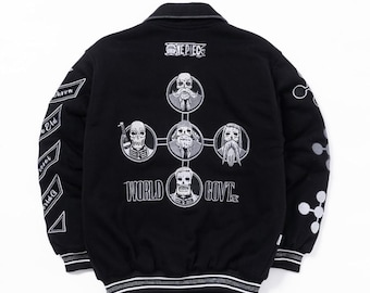 Bomber Jacket Black, Bomber Anime Jacket, Cartoon Jacket, Varsity Jacket, Sukajan, Jepang, Men Women Jacket