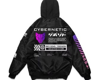 SLVI HXIA Cybernetic Series Jacket Hoodie Black - Cyberpunk jacket, Cyber street Jacket, Mens Womens Jacket Tactical, Varsity Japan
