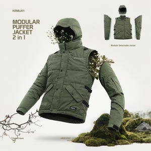 May include: An olive green modular puffer jacket with a detachable vest and sleeves. The jacket features a hood, multiple pockets, and the text "MODULAR PUFFER JACKET 2 in 1". The jacket is displayed with floral accents.