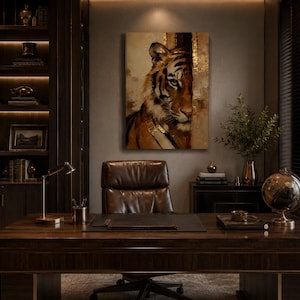 May include: A study featuring a dark wood desk, leather chair, and a tiger painting. The artwork, in brown and gold tones, is central. A globe and a desk lamp are visible on the desk, creating a sophisticated atmosphere.
