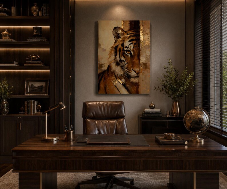 May include: A study featuring a dark wood desk, leather chair, and a tiger painting. The artwork, in brown and gold tones, is central. A globe and a desk lamp are visible on the desk, creating a sophisticated atmosphere.