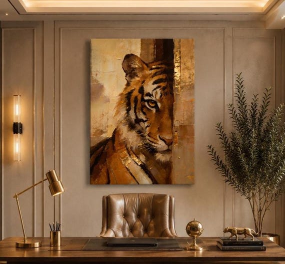 Luxury Tiger Wall Art Canvas, Half Face Tiger Painting, Powerful Wildlife Artwork, Modern Animal Statement Decor