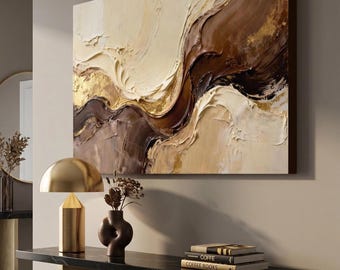 Neutral Abstract Wall Art Canvas, Beige Brown Textured Painting, Luxury Modern Canvas Print, Large Horizontal Abstract Art,Wall Decor