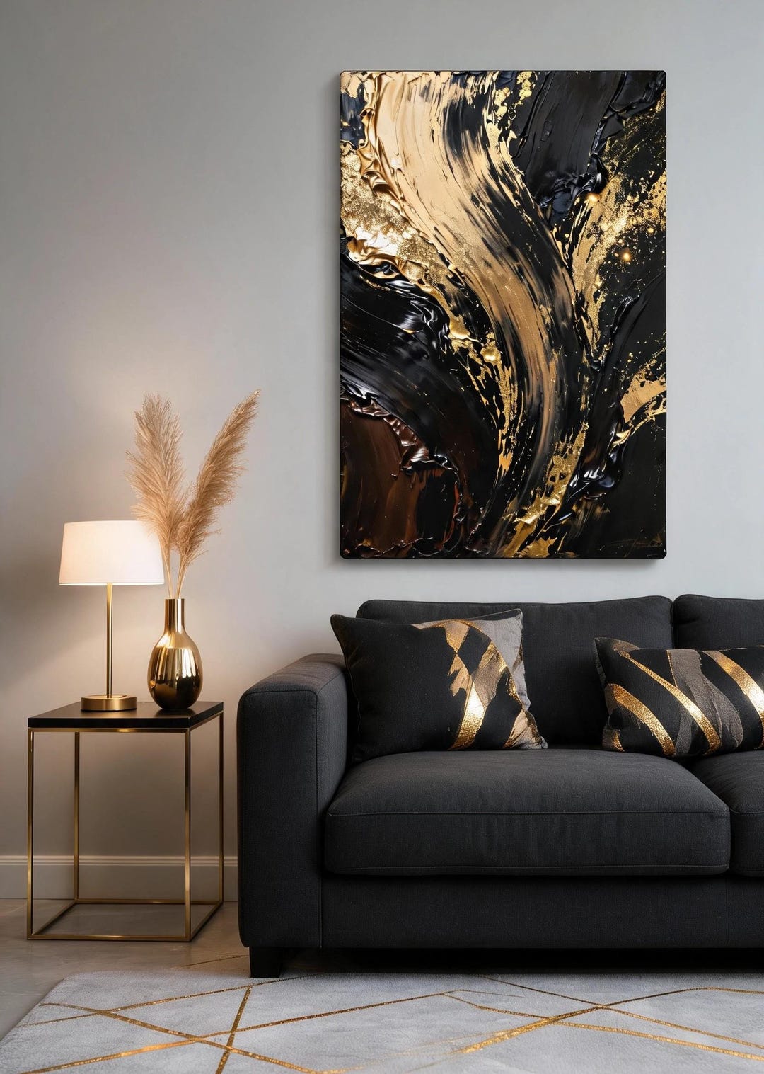 Black Gold Abstract Wall Art, Luxury Textured Canvas Print, Modern ...
