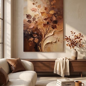 Peut inclure: Une œuvre d'art murale rectangulaire présentant une composition botanique abstraite et texturée dans des tons de brun, beige et crème, avec des éléments sculpturaux en relief et des accents de feuilles d'or représentant des branches et des feuilles.