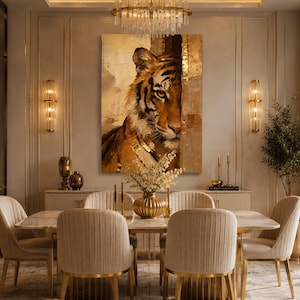 May include: An elegant dining room with a large painting of a tiger in gold and brown hues. The room features a marble table, six beige chairs, and a gold chandelier. Decorative vases and wall sconces enhance the sophisticated design.