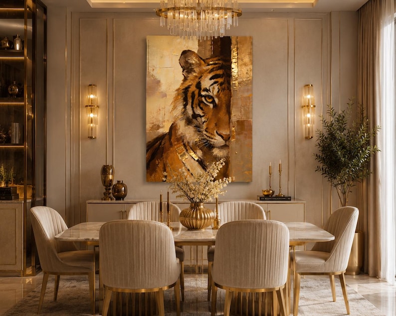 May include: An elegant dining room with a large painting of a tiger in gold and brown hues. The room features a marble table, six beige chairs, and a gold chandelier. Decorative vases and wall sconces enhance the sophisticated design.