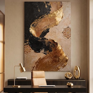 Black Gold Abstract Wall Art, Moroccan Texture Canvas Print, Luxury Beige Gold Wall Decor, Modern Statement Wall Art 24x36