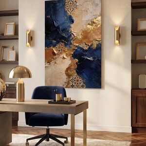 Moroccan Blue Gold Wall Art, Luxury Abstract Canvas Print, Navy Textured Artwork,Large Modern Wall Decor,Gold Leaf Effect,Statement Wall Art