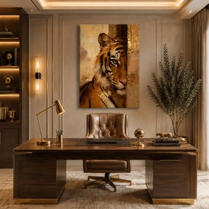 May include: A luxurious office featuring a large wooden desk, leather chair, and a tiger painting. The desk includes a gold lamp, pen holder, and a globe. A bookcase and a plant are also present in the room.