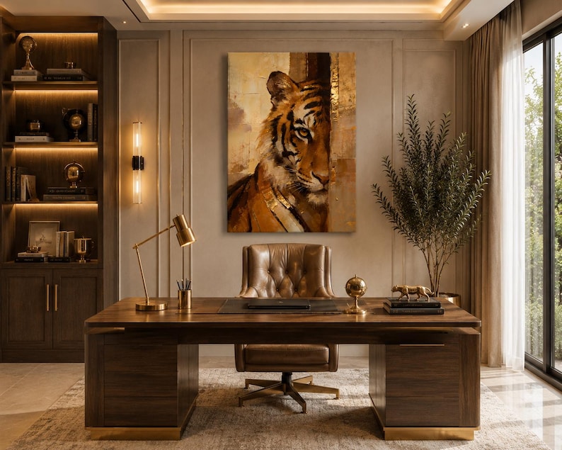 May include: A luxurious office featuring a large wooden desk, leather chair, and a tiger painting. The desk includes a gold lamp, pen holder, and a globe. A bookcase and a plant are also present in the room.