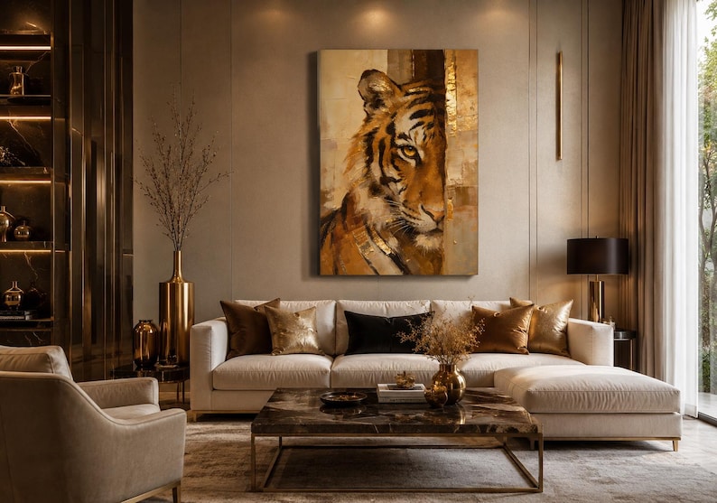 May include: An interior design scene featuring a large canvas painting of a tiger's face in shades of brown and gold. The painting hangs above a white sofa with decorative cushions. A coffee table and gold accents complete the room.