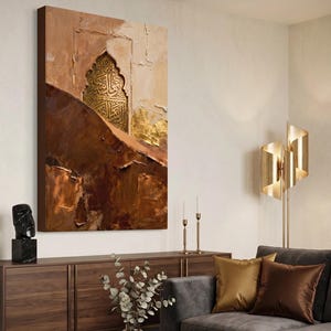 Antique Arch Wall Art, Vintage Middle Eastern Decor, Neutral Beige Brown Textured Canvas, Rustic Luxury Statement Art