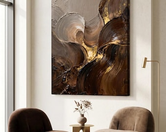 Brown Beige Abstract Wall Art, Neutral Textured Canvas, Gold Modern Wall Decor, Luxury Minimalist Artwork, Large Statement Wall Art