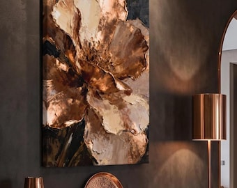 Large Copper Floral Canvas Wall Art, Dark Neutral Flower Painting, Luxury Metallic Abstract Wall Decor, Textured Impasto Canvas Print 24x36