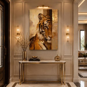 May include: An entrance hall with a tiger painting, a marble-topped console table with gold legs, and a decorative vase. The walls are beige with gold sconces, and the floor is marble. The painting has gold accents.
