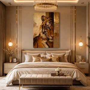 May include: A bedroom with a large bed, beige bedding, and decorative pillows. A painting of a tiger is above the bed. The room has neutral tones with gold accents, including a chandelier and bedside lamps. The room is decorated in neutral tones.