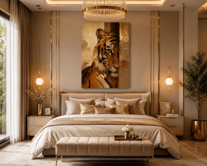 May include: A bedroom with a large bed, beige bedding, and decorative pillows. A painting of a tiger is above the bed. The room has neutral tones with gold accents, including a chandelier and bedside lamps. The room is decorated in neutral tones.