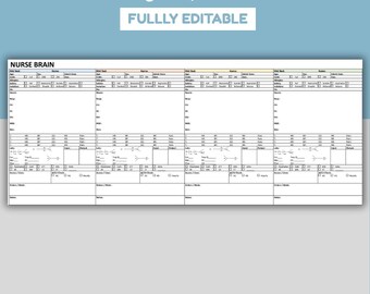 Puede incluir: Una hoja de informe de enfermería con el título "Nursing Report Sheet" en una fuente caprichosa. La hoja está diseñada para rastrear información para cuatro pacientes y está etiquetada como "FULLLY EDITABLE". La hoja incluye secciones para signos vitales, medicamentos y notas.