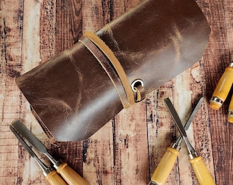 Leather Tool Roll Wood Carving Tools Pouch for Chisel Roll Brown Wrench roll up Pouch Tool Case Custom tool wrap Fathers Day Gift for Him