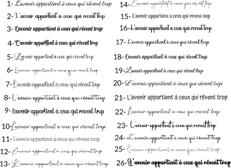 以下が含まれることがあります： 白黒画像で、フランス語のフレーズ「L'avenir appartient &agrave; ceux qui r&ecirc;vent trop」を手書き風の様々なフォントで表示しています。テキストは「未来は夢を見すぎる人たちのものである」と翻訳されます。