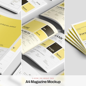 May include: A collection of A4 magazine mockups featuring a yellow and white color scheme with black typography. The layouts display various sections labeled with terms like Form, Grid, Ink, Stock, and Weight, presented in stacked and open formats.