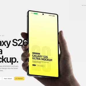 May include: A black smartphone with a bright yellow screen is held in a hand. The phone displays the text "Galaxy S26 Ultra Mockup." The image also includes the EpicMockup logo and additional text about the product.