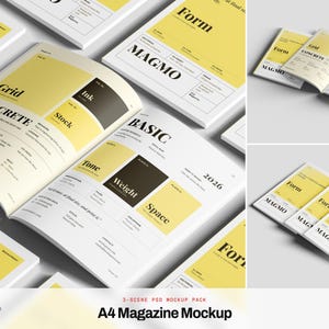 May include: A collection of A4 magazine mockups featuring yellow and white pages with black typography. The layouts display sections labeled Grid, Concrete, Ink, Stock, Basic, Tone, Weight, and Space, with the text MAGMO and 2026 visible.