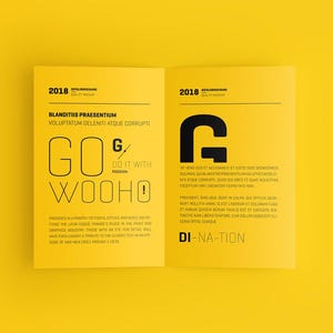 Puede incluir: Un folleto amarillo abierto, con texto negro y elementos de diseño. La página izquierda muestra "GO WOOHO" en negrita, con el texto "DO IT WITH PASSION". La página derecha tiene una gran "G" negra y texto adicional.