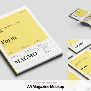 May include: A digital A4 magazine mockup set featuring a yellow cover with black text that reads Set once, at final size, printed honestly. Form, MAGMO, and technical specifications. The layout includes multiple views of the magazine.