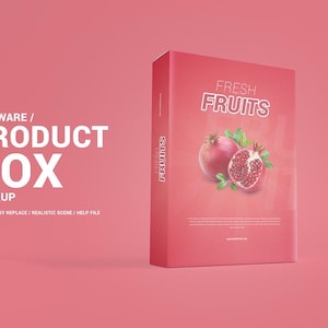 May include: A product box mockup with a pink background. The box is pink and features the text "FRESH FRUITS" and an image of pomegranates. The text "SOFTWARE / PRODUCT BOX MOCKUP" is also visible.